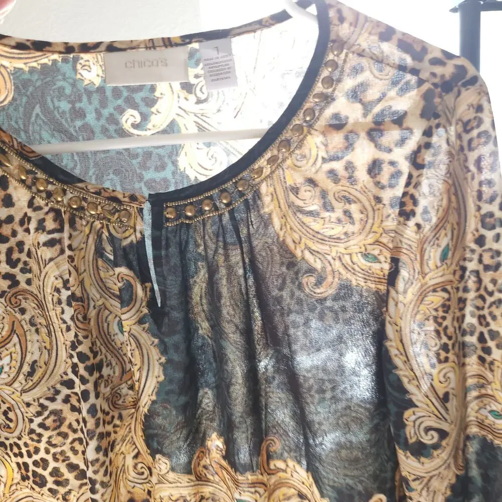 Chicos Womens Blouse Chicos 1 Standard Size 8 Leopard Print Sheer Lightweight - Picture 10 of 12